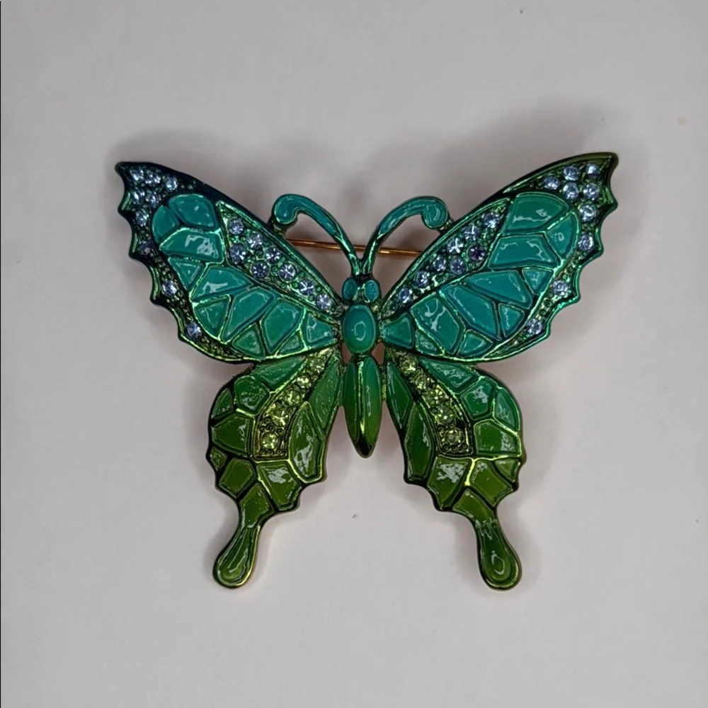 NWOT Rhinestone Crystal Enamel Gold Green Pin Brooch Wedding Butterfly Gift